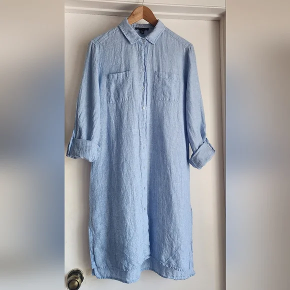 Saks Fifth Avenue Linen ight Blue Button-Up Tunic Shirt Shirtdress Sz M - Picture 2 of 8